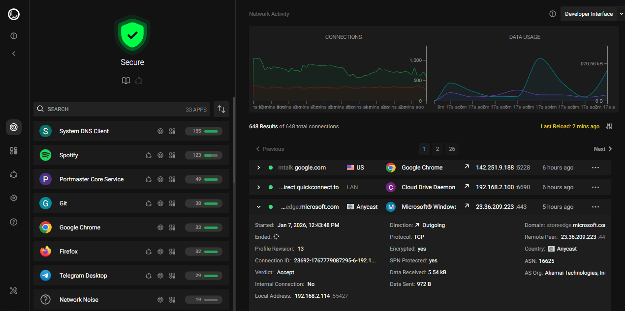 Portmaster firewall dashboard